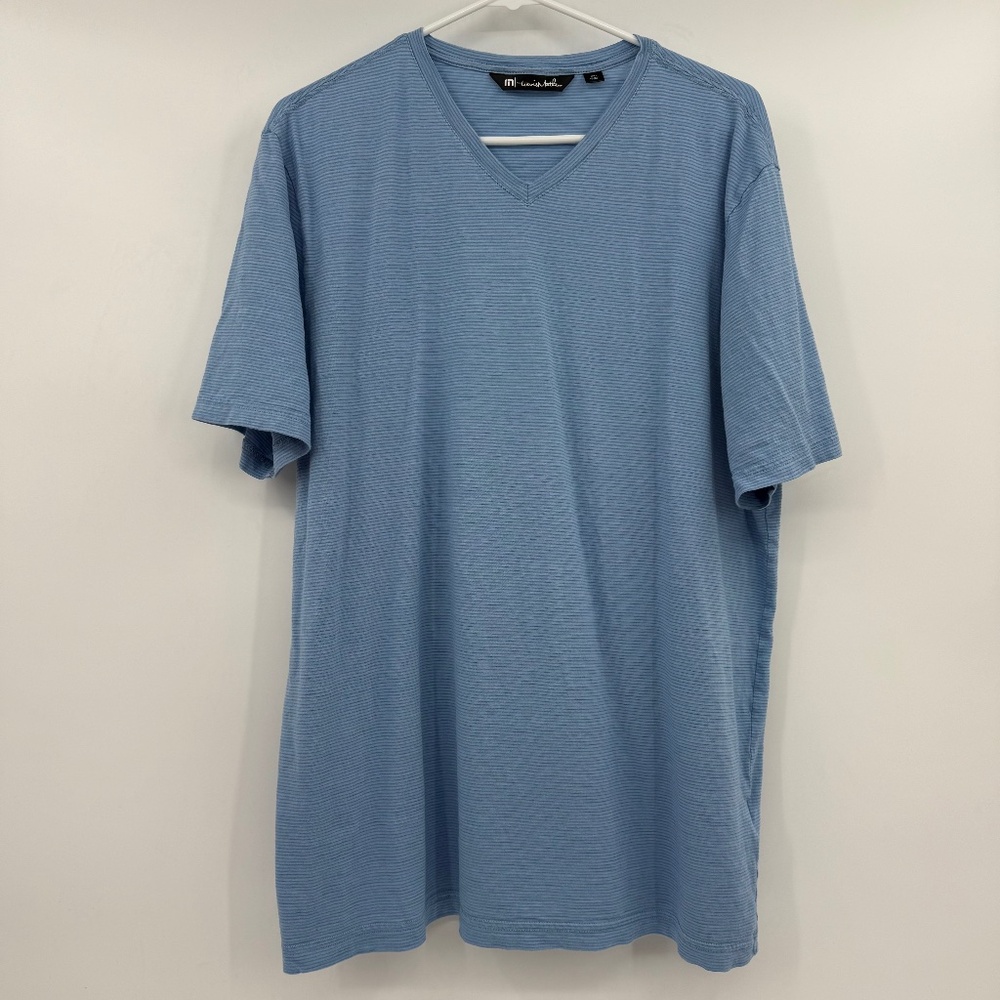 Travis Mathew T Shirt Men XXL Blue Striped V Neck Short Sleeve Pima Cotton Blend